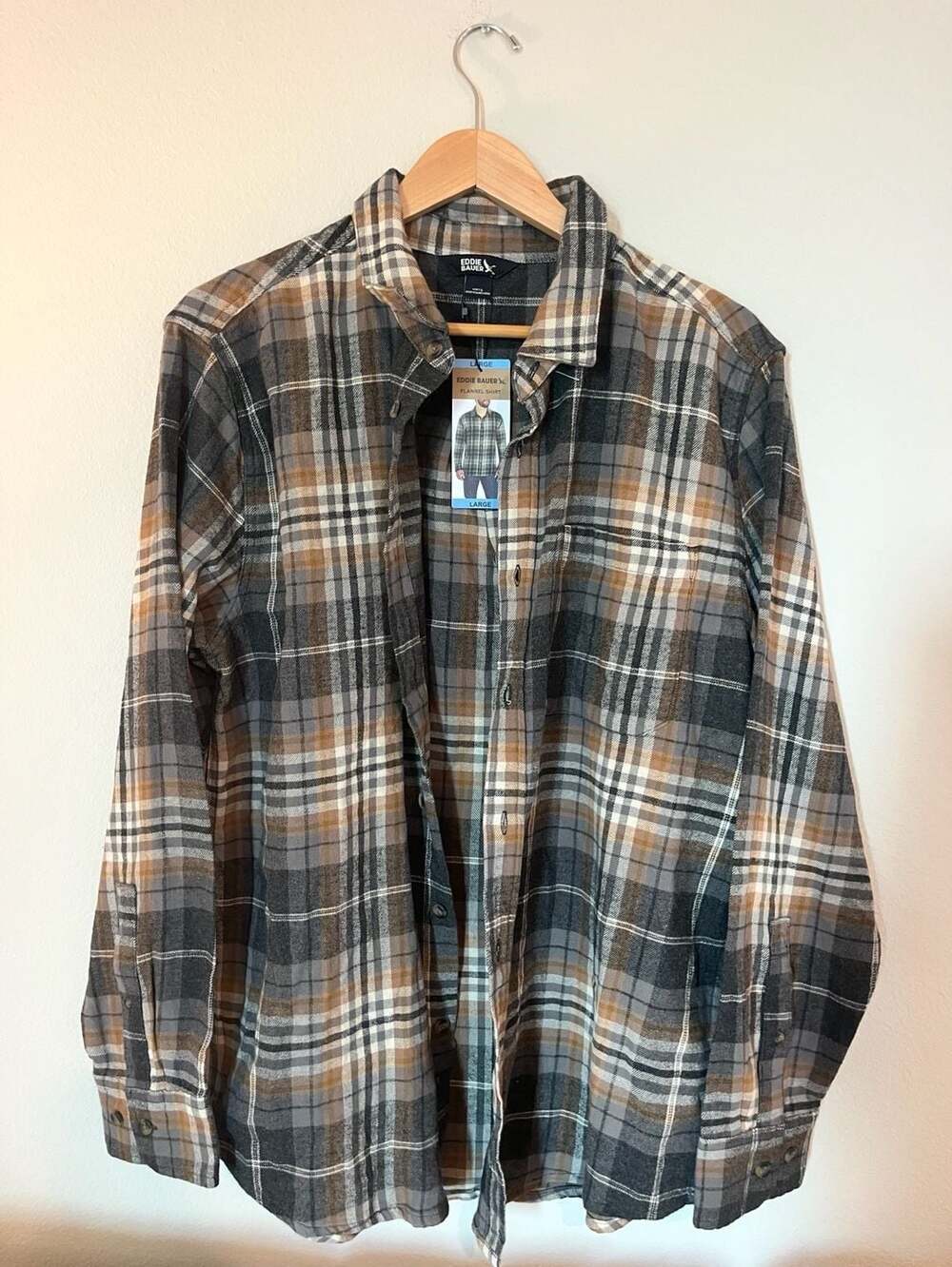 NEW Eddie Bauer, Men's Grey Brown Plaid Long Sleeve Flannel, Fall, Workwear, L